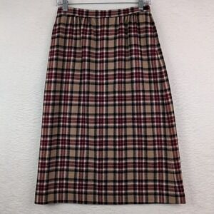 Vintage Pendleton Plaid Wool Skirt Size 6 A-Line Midi Pockets Tan Burgundy